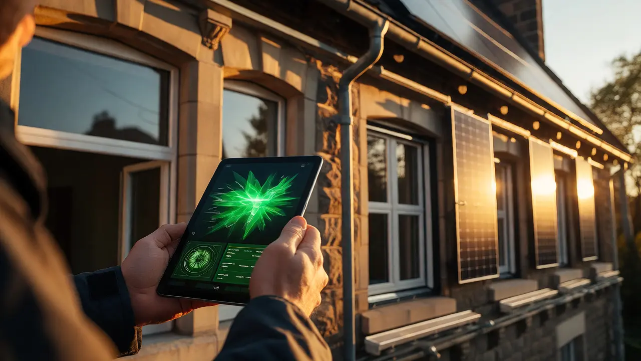Facility Manager mit Tablet vor saniertem Gebäude