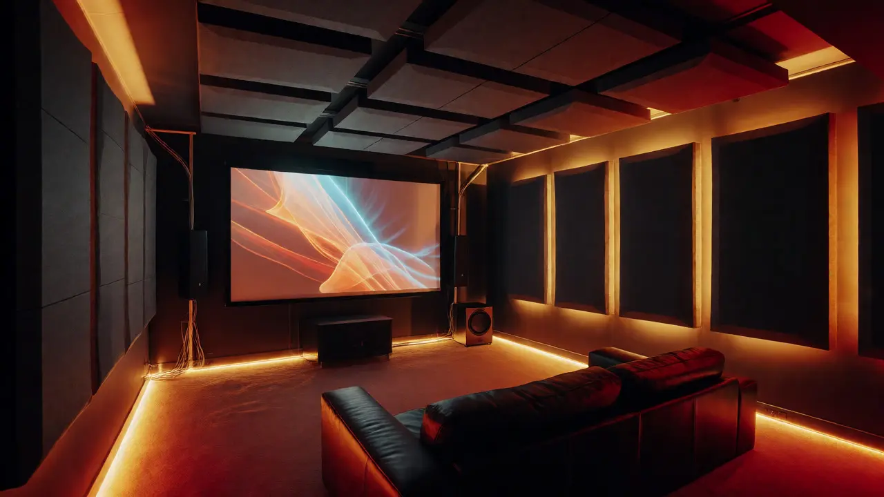 Fertiges Heimkino im Keller mit Akustikpaneelen und warmer Beleuchtung.