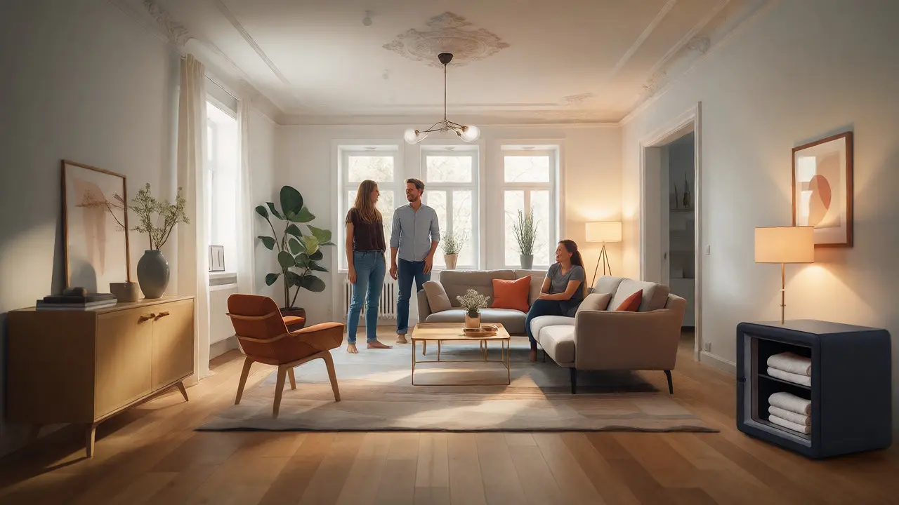 Glückliche Familie in einem frisch renovierten, hellen Wohnzimmer.