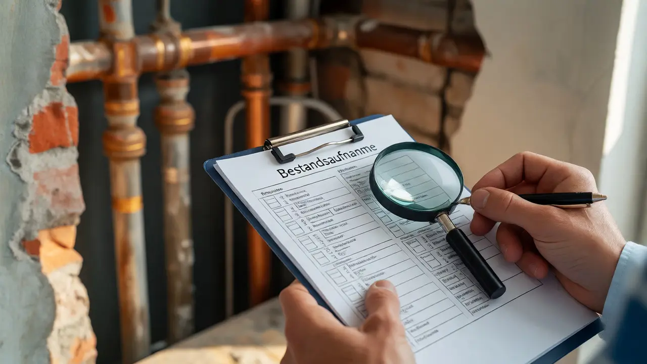 Hände mit Checkliste vor einer geöffneten Wand mit alten Rohren