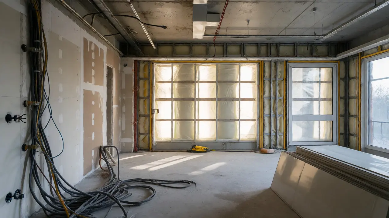 Innenansicht einer Baustelle mit neuer Elektrik und frisch eingebauten Fenstern.
