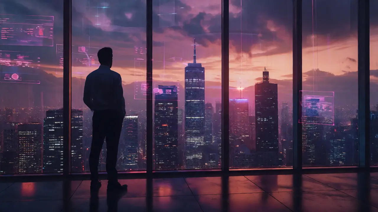 Investor blickt auf städtische Skyline mit AR-Datenüberlagerung