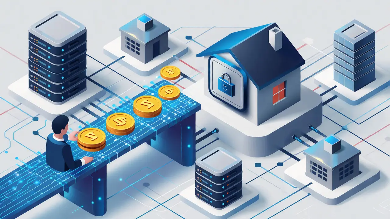 Isometrische Darstellung eines Smart Contract Immobilienkaufs