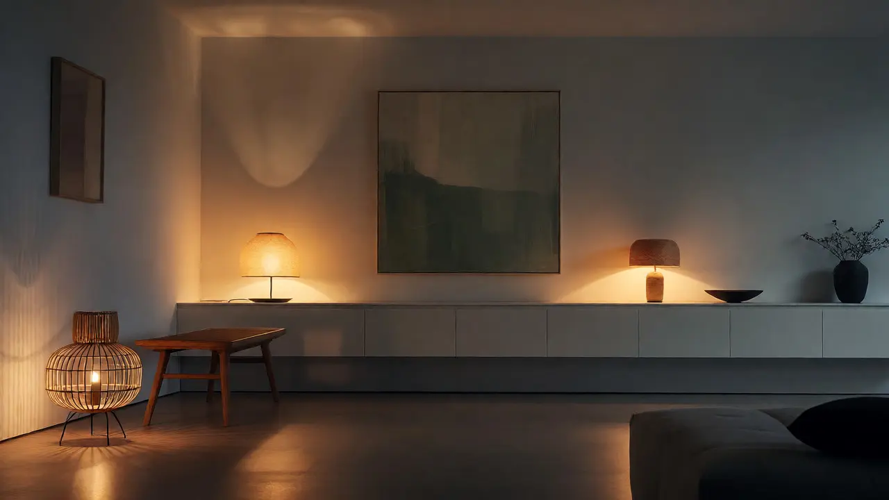 Japandi-Wohnzimmer bei Dämmerung mit stimmungsvoller Schichtenbeleuchtung.