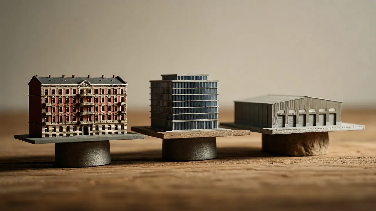 Makroaufnahme von Miniaturmodellen für Wohn-, Büro- und Industrieimmobilien auf einer Waage.