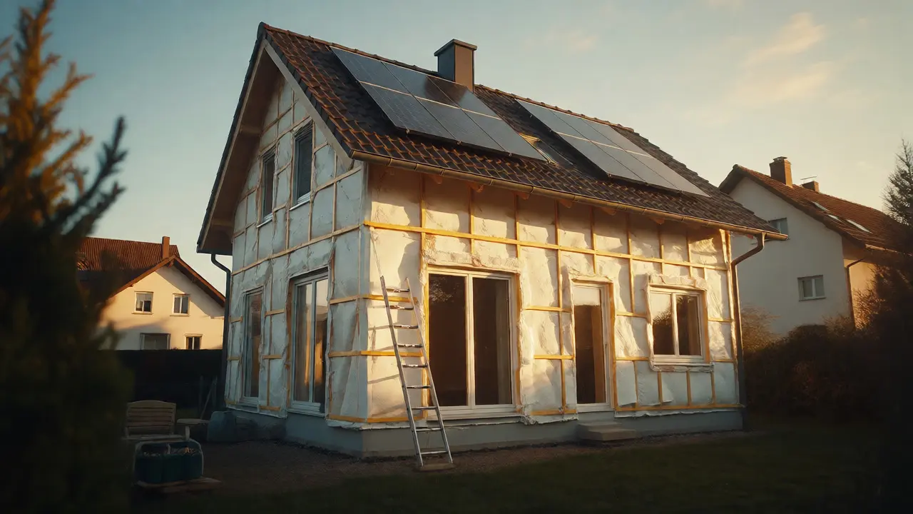 Modernisierte Hausfassade mit Solarpanels im warmen Abendlicht
