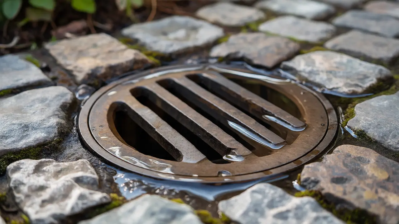 Nahaufnahme eines verstopften Regenablaufs mit stehendem Wasser im Kopfsteinpflaster