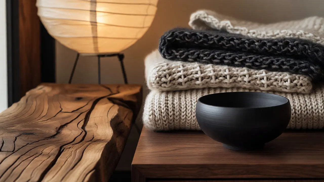 Nahaufnahme von Naturmaterialien wie Wolle, Holz und Keramik im Japandi-Stil.