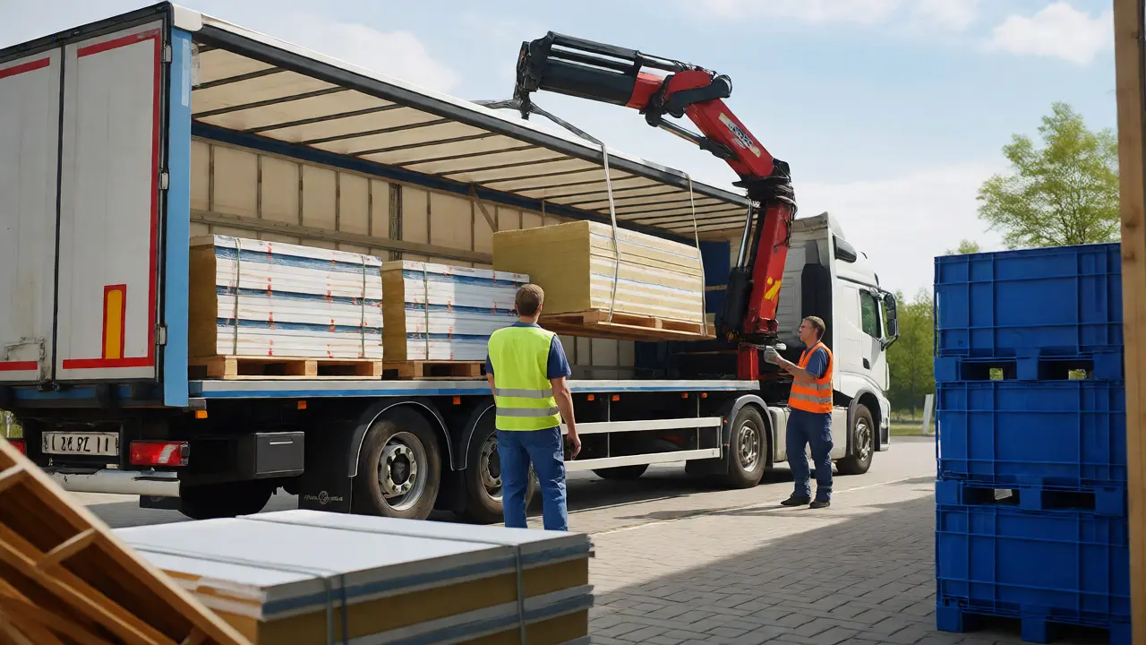 Professioneller Materialtransport per LKW und Kran auf einer organisierten Baustelle.
