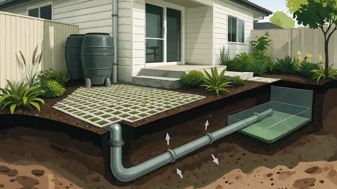 Querschnittsansicht eines Hauses mit ökologischer Regenwasserversickerung