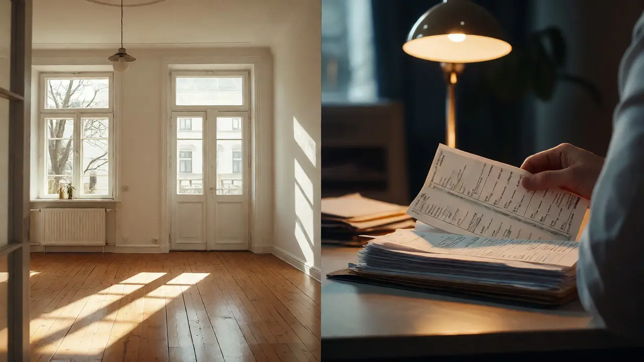 Renovierte Wohnung links, Person sortiert Steuerbelege rechts, geteilte Szene