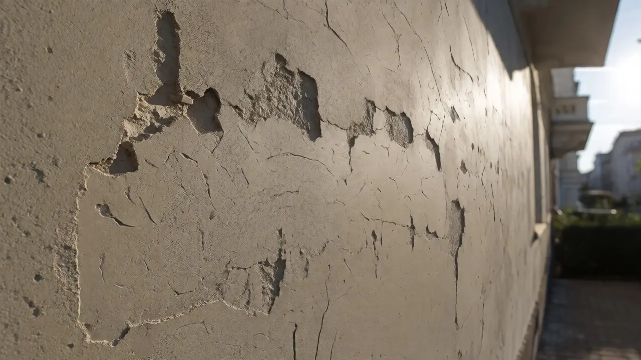 Reparierter Abschnitt einer Hausfassade mit angepasster Struktur und Farbe.
