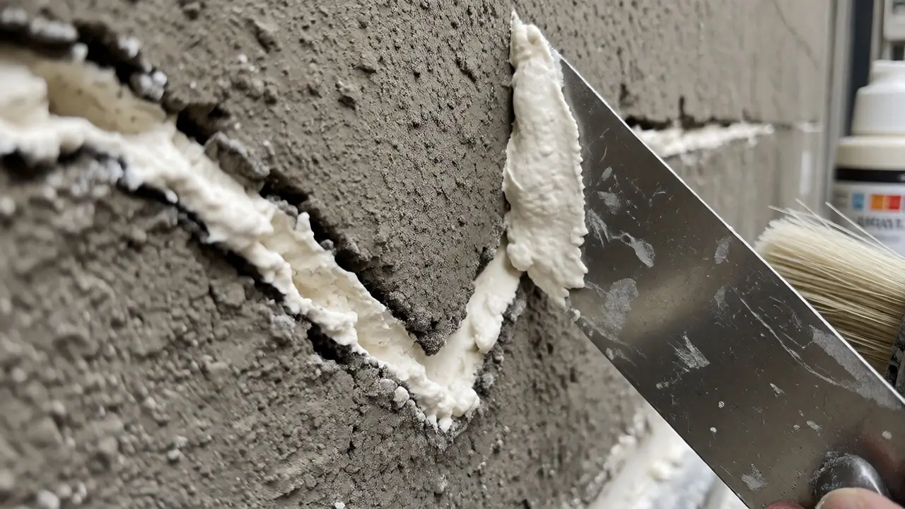Spachtel füllt mineralischen Mörtel in einen vorbereiteten Riss im Putz.