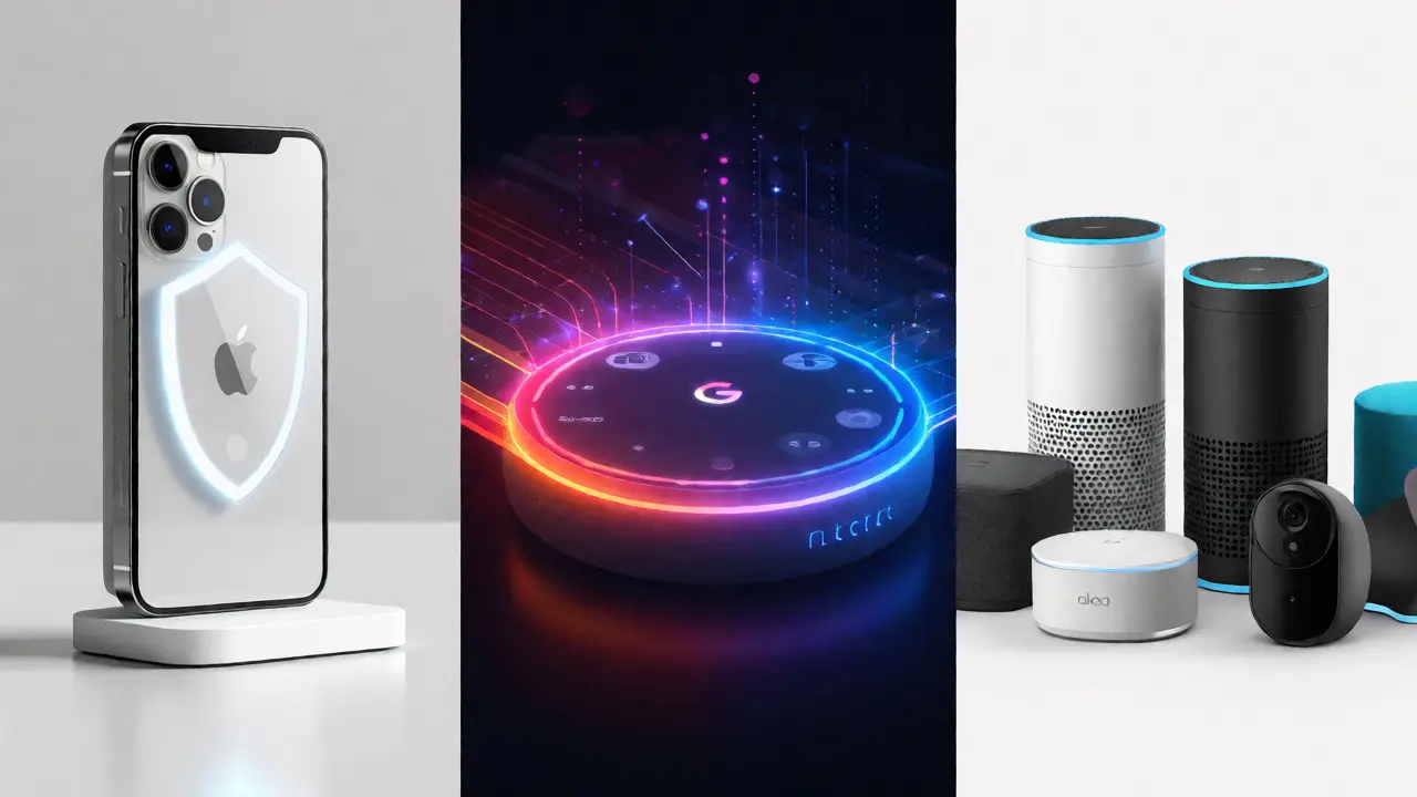 Vergleich von Apple HomeKit, Google Home und Amazon Alexa Ökosystemen in einer geteilten Darstellung.