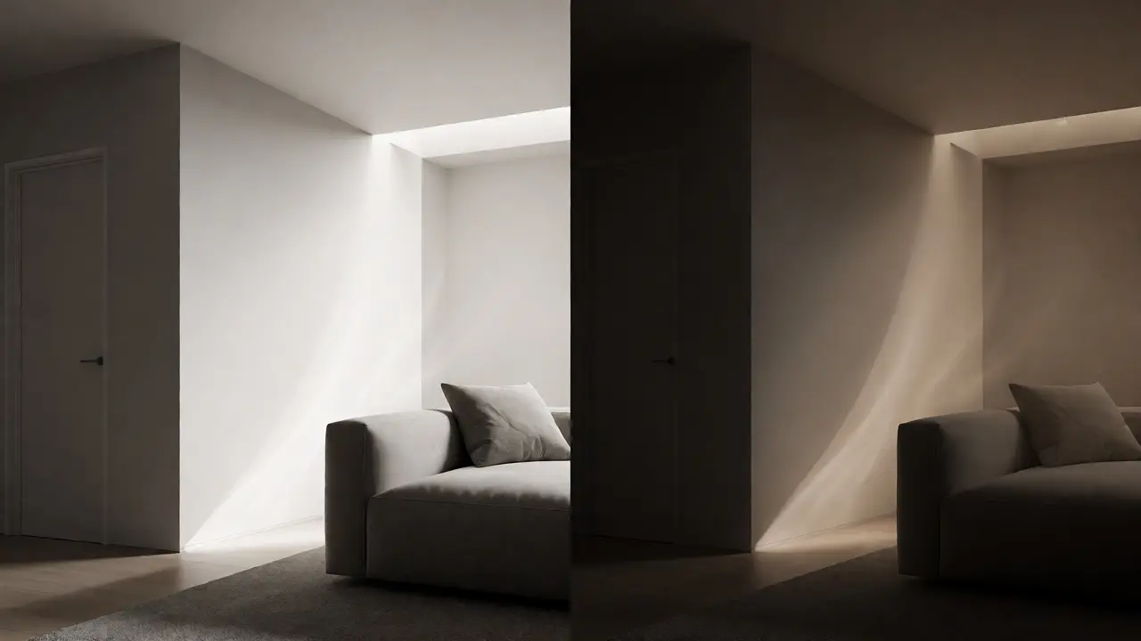 Vergleichsvisualisierung von heller und gedimmter Wohnraumbeleuchtung