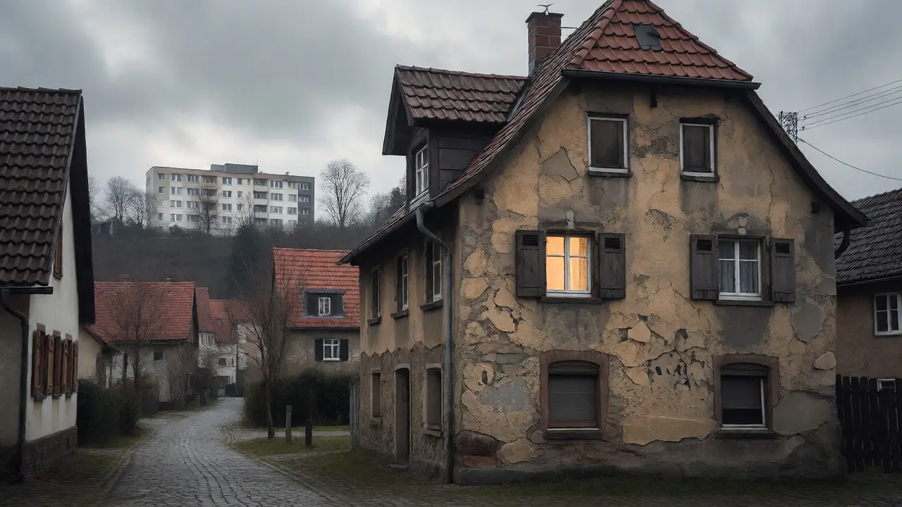 Verlassenes Dorfhaus im Vordergrund mit moderner Wohnanlage im Hintergrund